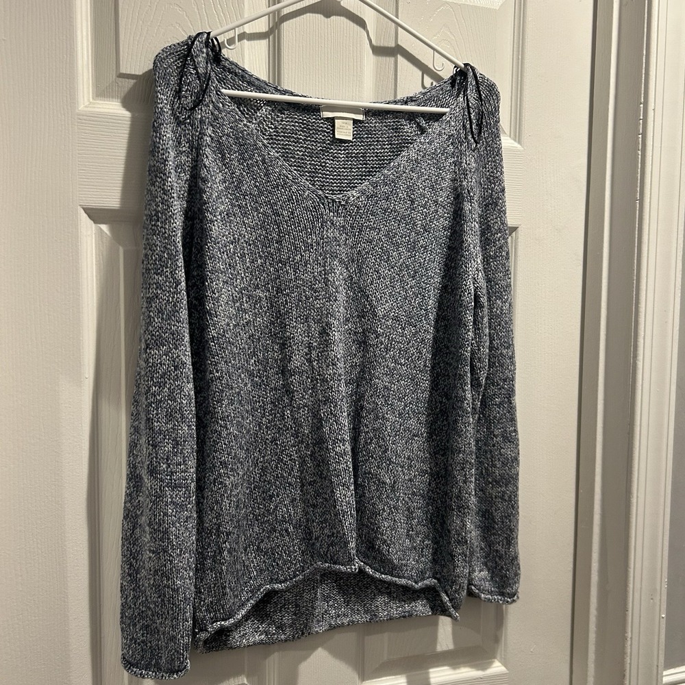 HM Womens Medium Blue White Marled Knit V Neck Pullover Sweater Long Sleeve